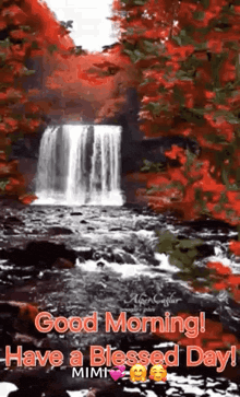 a waterfall in the middle of a forest with red leaves and a good morning greeting .