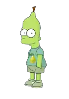 a green cartoon character has a pear on his shirt