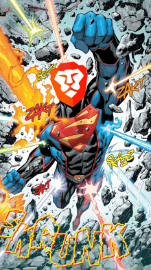 a comic book illustration of superman with a lion shield on his face