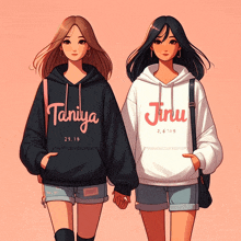 two girls wearing hoodies with the name taniya and jinu on them