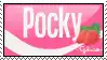 a pink and white pocky logo with a strawberry in the background .