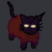 a purple and red cat with yellow eyes is walking in the dark .