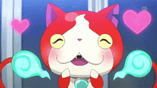 a red and white cartoon cat with hearts around its head