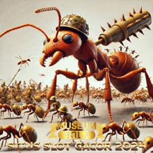 an advertisement for situs slot gacor shows a giant ant wearing a helmet