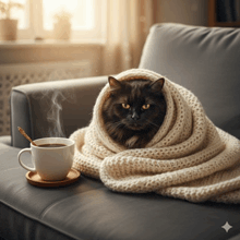 a cat is wrapped in a blanket on a couch next to a cup of coffee