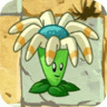 a cartoon plant with a face is sitting on top of a rock .