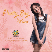 an advertisement for pretty boy by kisses shows a woman in overalls