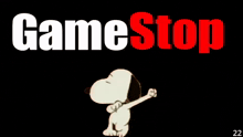 snoopy is dancing in front of a game stop sign