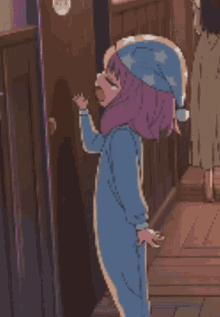 a pixel art drawing of a girl wearing a pajama hat