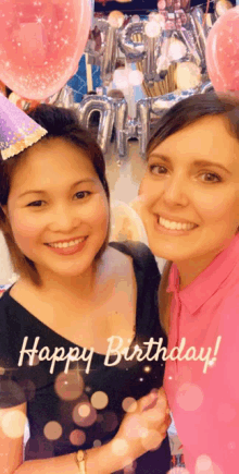 two women are posing for a picture with the words happy birthday written on the bottom