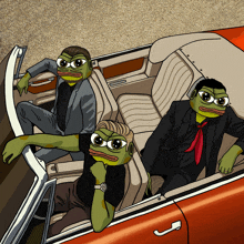 three green frogs are sitting in a red car