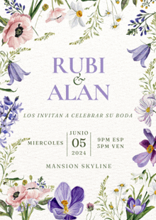 a wedding invitation for rubi and alan has purple and pink flowers on it