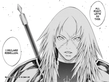 a black and white drawing of a woman with a sword and the words " i declare rebellion " at the bottom