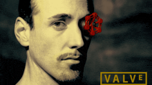 a man with a red valve on his eye and the word valve on the bottom right