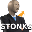 a man in a suit and tie is standing with his arms crossed in front of an arrow and the words stonks .