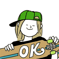 a cartoon of a person wearing a green hat holding a skateboard that says ok