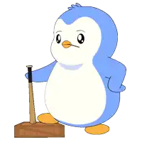 a blue and white penguin is holding a bat