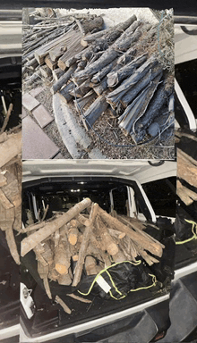a pile of logs in the back of a white van