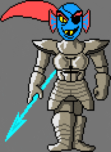 a pixel art drawing of a knight with a blue head