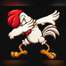 a cartoon chicken is doing a dab with its arms