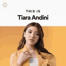 a poster for tiara andini shows a woman wearing a yellow jacket