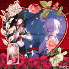 a picture of two anime girls in a heart surrounded by roses and a bunny with picmix written on it