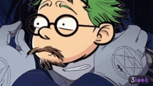 a cartoon drawing of a man with green hair and a beard with the words 3look at the bottom