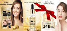 a bottle of 24k pure gold collagen face serum next to a woman 's face