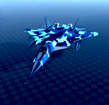 a blue camouflage fighter jet is sitting on a checkerboard surface