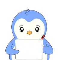a cartoon penguin is holding a piece of paper with a red heart on it