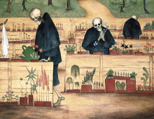 a painting of two skeletons in a garden with plants