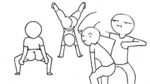 a black and white drawing of a group of people doing handstands and dancing .