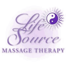 the logo for life source massage therapy is purple and has a yin yang symbol in the middle .