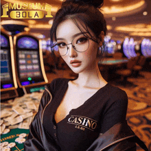 a woman wearing glasses and a black sweater that says casino