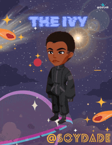 a cartoon drawing of a boy in space with the ivy written on it