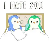 a cartoon of two penguins in bed with the words " i hate you "