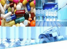 a pile of pills , a syringe , and a bottle of liquid are shown .