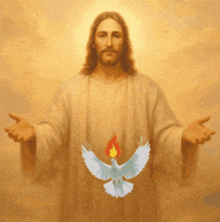 a painting of jesus with his arms outstretched and a dove on his chest