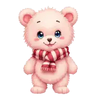 a pink teddy bear wearing a striped scarf