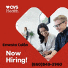 an advertisement for cvs health shows a man and a woman looking at a computer