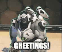 a picture of a robot with the words greetings on it