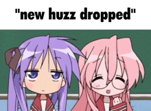 two anime girls are sitting next to each other with the words " new huzz dropped " above them