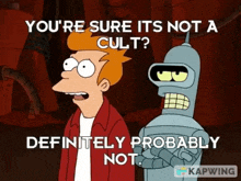 futurama characters fry and bender are standing next to each other and talking .