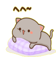 a cartoon cat is laying on a purple pillow with a smiley face