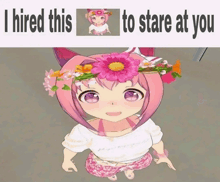 a picture of a girl with a flower crown and the words " i hired this to stare at you " behind her
