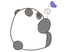 a panda bear is holding a flower with a butterfly flying around it