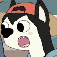 a close up of a cartoon dog wearing a red baseball cap