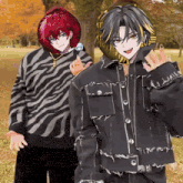 two anime characters standing next to each other one is wearing a zebra print sweater
