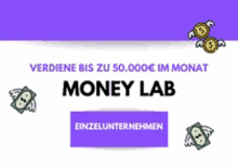 a purple and white banner for money lab