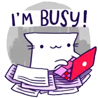 a cartoon cat is sitting on a pile of papers with a laptop and the words i 'm busy